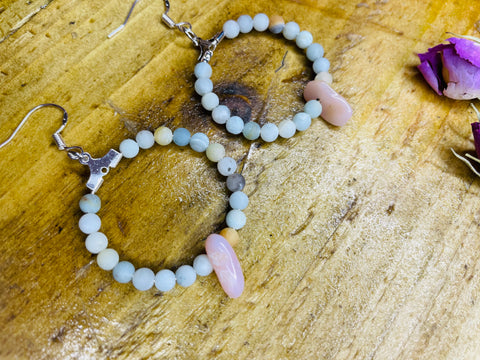 Frosted Amazonite & Pink Opal Hoop Earrings