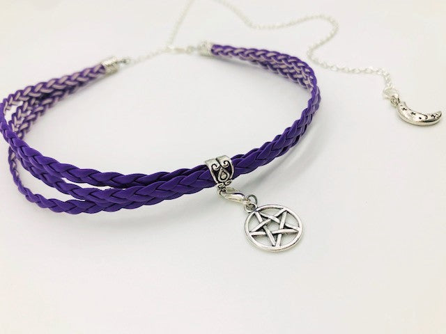 Wicca Faux Leather Purple Pentacle Choker