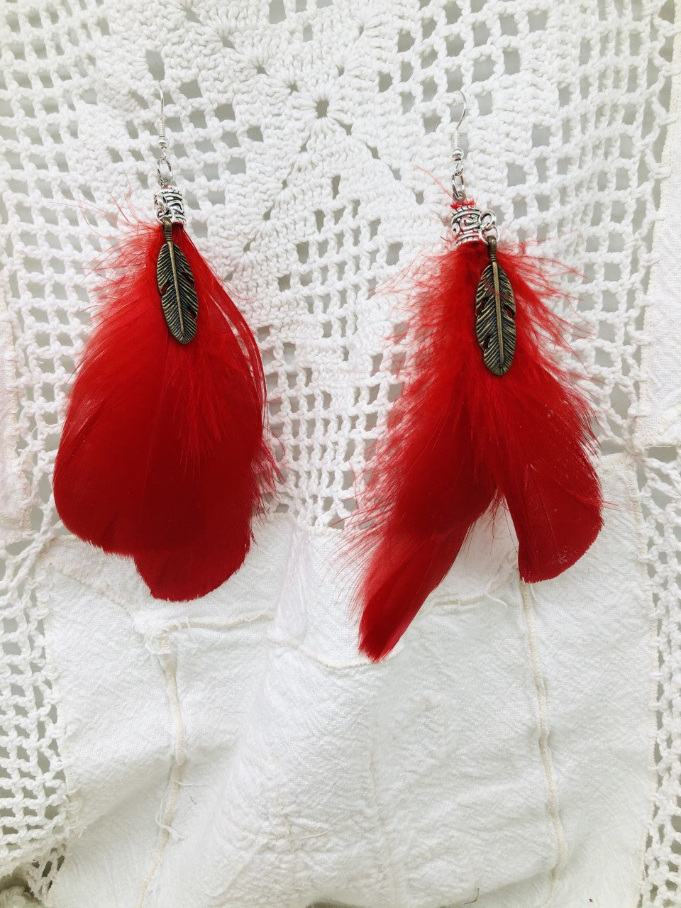 Red on sale feather earrings